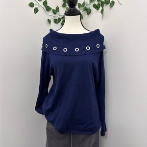 LA Bella Navy Lightweight Sweater Grommet Eyelet Off/One Shoulder Size L